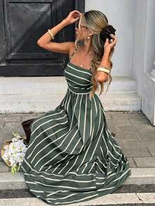 Vestido sin mangas casual de uso diario con rayas para mujer - Verde - Ver 7