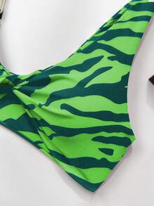 夏季新款女款比基尼泳衣，派對節慶甜美風，純色優雅花卉印花，扭結雙肩帶兩件式海灘泳衣，度假風 - 彩色 - 查看 4