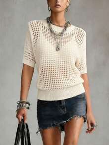 2026 New Spring/Summer Lightweight Breathable Hollow-Out Knit T-Shirt, Loose Short Sleeve Sheer Knit Top, Suitable For Beach, Vacation And Daily Wear - Apricot - View 1