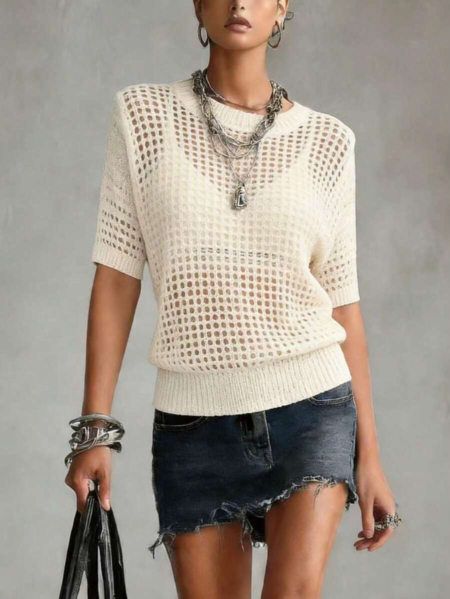 2026 New Spring/Summer Lightweight Breathable Hollow-Out Knit T-Shirt, Loose Short Sleeve Sheer Knit Top, Suitable For Beach, Vacation And Daily Wear - Apricot - View 1
