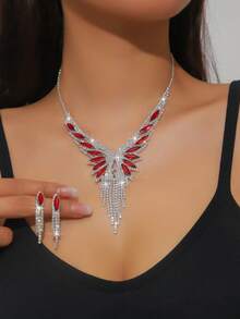 3pcs/Set Full Crystal Rhinestone & Green Gemstone Tassel Design Luxury Style Jewelry Set (Necklace & Earrings), Suitable For Women's Weddings, Parties, Holidays And Festivals - Turquoise - View 2