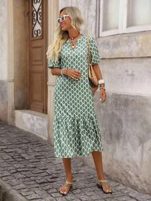 YJLEMERY ROSE Women's Dress With Notched Collar, Ruffled Hem And Short Sleeves YJL - Army Green - View 2