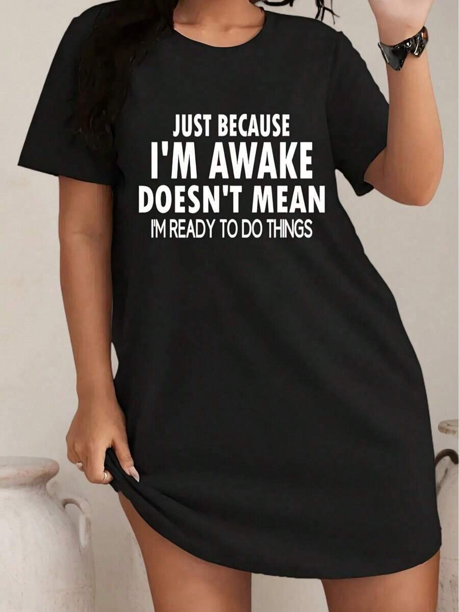 - Vestido tipo camiseta de manga corta para mujer de talla - Vestido elástico con estampado I'Awake Doesn'Mean I'Important, cuello redondo, ropa casual de verano, estilo corto y lindo, lavable aáquina y ajustado al cuerpo. - Negro - Ver 1