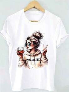 1 Piece Fashion Casual For Men And Women2026 Nueva "DRAMÁTICA" Camiseta de mujer de manga corta y cuello redondo con estampado, casual y cómoda, adecuada para uso diario. Diseño estampado con cuello cómodo y redondo, una opción ideal para primavera y verano. El negro es versátil, fácil de combinar, adecuado para el uso diario, el estilo urbano, los conjuntos de vacaciones y la ropa de fin de semana. - Blanco - Ver 3