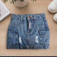 Graphite Cargo Denim Skirt With Side Pockets - Teal Blue - View 8
