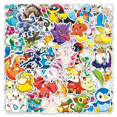 pokemon 50pcs Pokémon Mixed Sticker Pack, White Waterproof Durable Stickers Suitable For Laptop, Phone, Guitar, Helmet, Luggage, No Power Required