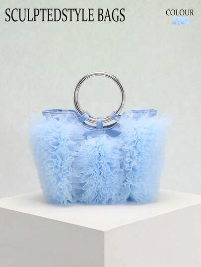 1 pieza Bolso de mano con volantes de encaje suave azul, diseño con flecos y volantes, asa de anillo metálico plateado, estilo dulce y elegante adecuado para vestido de novia o vestido largo de vacaciones