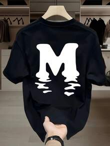 1 Pcs Casual Elegant Thick 100% Cotton Black Short Sleeve Tee, Minimal Distorted M Wave Letter Graphic, Perfect For Street Brunch Spring Summer Versatile Casual Top - 黑色 - 查看 1
