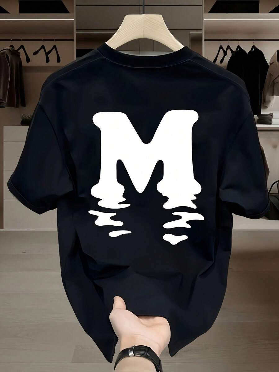 1 Pcs Casual Elegant Thick 100% Cotton Black Short Sleeve Tee, Minimal Distorted M Wave Letter Graphic, Perfect For Street Brunch Spring Summer Versatile Casual Top - 黑色 - 查看 1