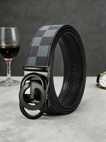 Men's Luxury Automatic Buckle PU Leather Belt, Stylish Checkered Design With Alloy G‑Letter Buckle, Dual‑Use For Business, Casual And Formal Wear. Adjustable Scratch‑Resistant Alloy Buckle, Suitable For Work, Daily Wear, Parties And Anniversary Gifting. Designer Men's Belt That Matches All Formal And Casual Outfits.