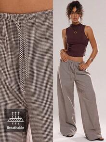 Pantalones casuales de uso diario de unicolor con cordón en la cintura para mujeres - Marrón - Ver 1