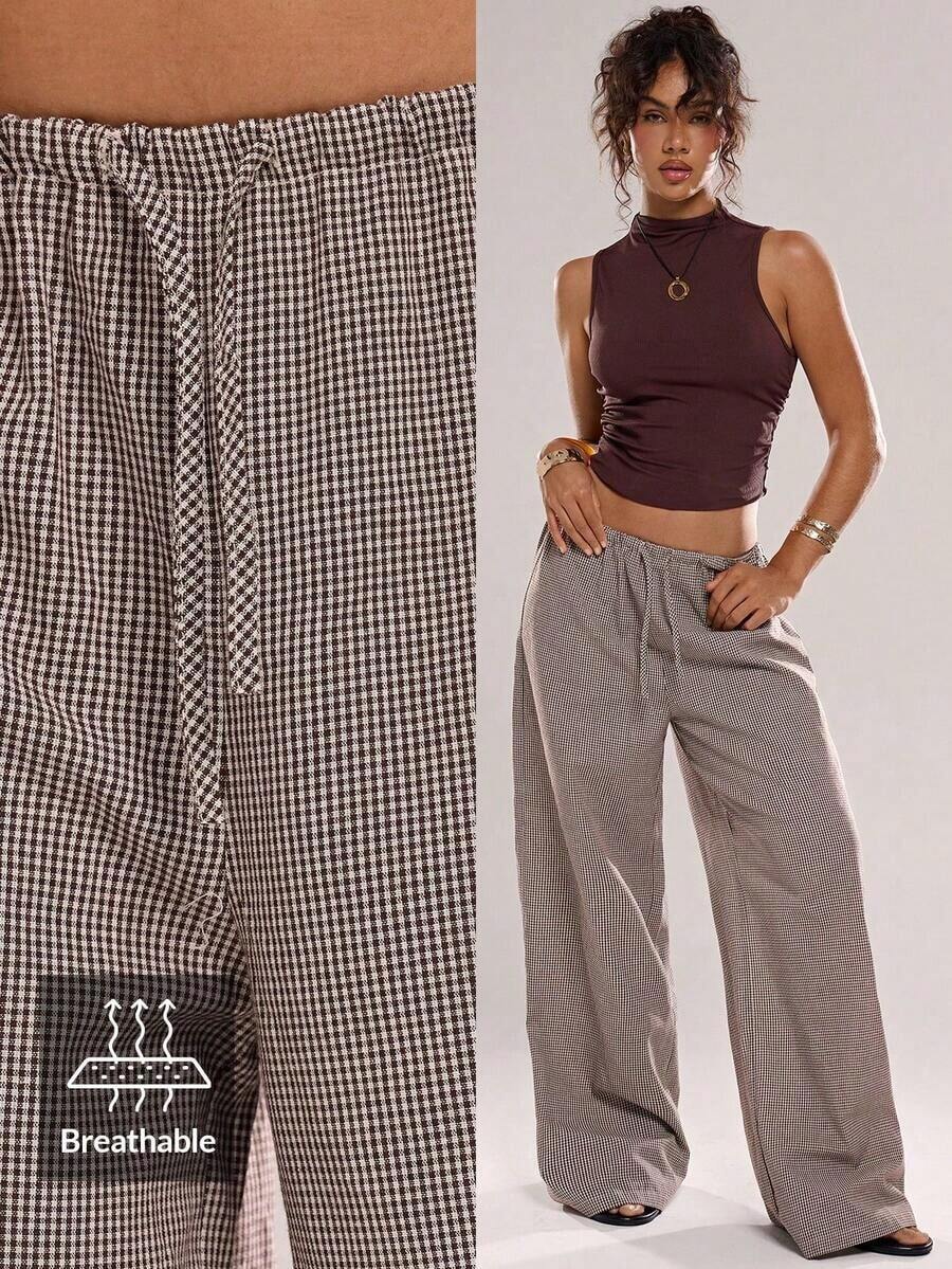 Pantalones casuales de uso diario de unicolor con cordón en la cintura para mujeres - Marrón - Ver 1