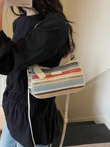 New Fashionable & Elegant Multi-Color Striped Pattern Underarm Bag With Metal Chain Handle, Women's Shoulder Bag - Multicolor - View 6