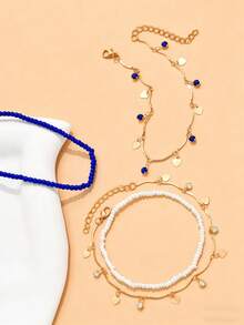 4pcs Minimalist Elegant Versatile Blue & White Crystal Heart Tassel Braided Beaded Anklets For Men, Suitable For Daily, Beach, Travel (Chain Length Customized, Heart & Teardrop Pendant Quantity Random) - Blue and White - View 2