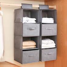 Bolsa de Almacenamiento Colgante de Lino y Algodón, Organizador de Armario Estilo Cajón, Caja Organizadora de Ropa, Estante de Almacenamiento Colgante Plegable - Beige de 3 capas - Ver 5