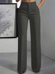 Pantalones rectos de unicolor versátiles y de moda, color blanco, para primavera - Gris oscuro - 1 - Ver 1