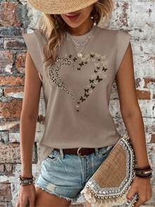 Camiseta gráfica de mujer con estampado de leopardo, mariposa y corazón de manga corta - Negro - Ver 10