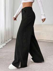 Unity Pantalones largos rectos y sueltos con abertura lateral de pana de moda casual para otoño/invierno para mujeres - Negro - Ver 9