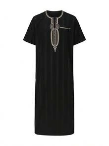 Túnica larga de estilo de Oriente Medio para hombres, túnica larga bordada en negro y dorado, corte holgado, uso diario musulmán - Negro - Ver 2