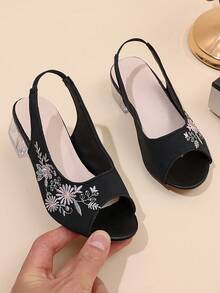 Children's Floral Embroidered Black High Heel Sandals - Black - View 8