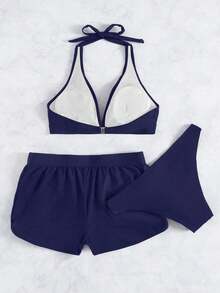 5HZN  Swim Conjunto de 3 piezas de bikini de unicolor con parte superior de cuello halter en V y Bottom triangular y braguitas para primavera/verano 2026 - Niebla azul - Ver 10