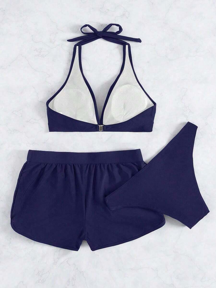5HZN Swim Conjunto de 3 piezas de bikini de unicolor con parte superior de cuello halter en V y Bottom triangular y braguitas para primavera/verano 2026 - Azul marino - Ver 1