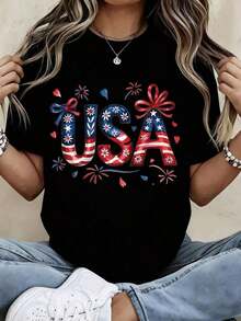 Camiseta de Cuello Redondo para Mujer con Diseño Patriótico de la Bandera de Estados Unidos, con Estrellas y Rayas, Decoración de Lazo, Manga Corta, para Celebración del Día de la Independencia - Negro - Ver 1