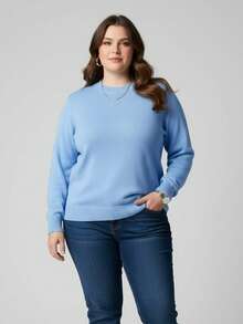Vivi Women's Plus Size Wool Sweater For Cold Weather, Basic Knit, Long Sleeve - Baby Blue - View 2