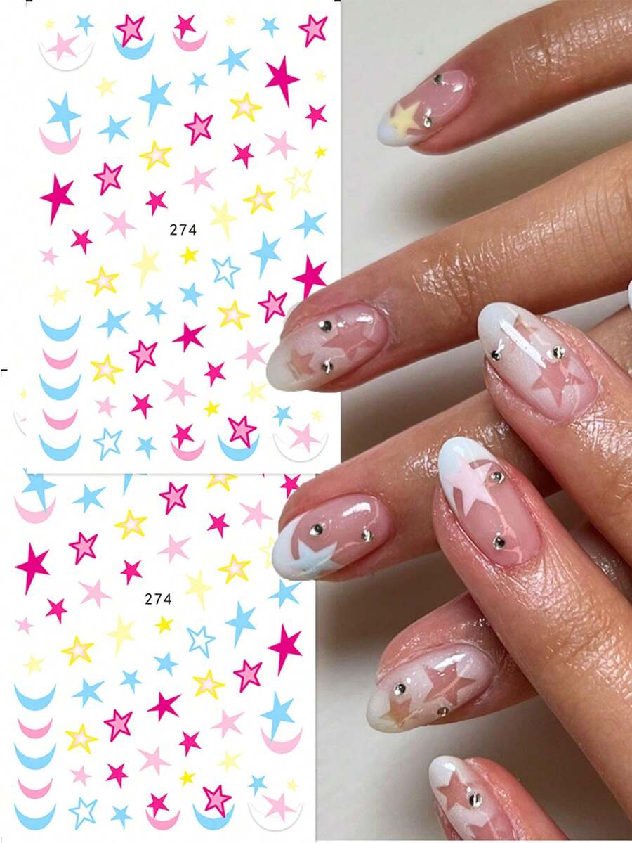 FULL BEAUTY 2pcs Y2K Style Cute Star Nail Stickers, Sweet Punk Starry Nail Decals, Summer Holiday Nail Art Decorations - Multicolor - View 1