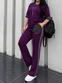 2 piezas Conjunto de camiseta de manga corta de cuello redondo y pantalones sueltos de cintura elástica para mujer, uso diario casual, negro, verano - Morado oscuro 64 - Ver 5