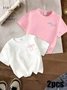 Short-Sleeved T-Shirt With Round Neck And Hawaiian Floral And Letter Print For Girls, Casual And Modern Style, Ideal For Everyday Outings And Holidays, Hawaiian T-Shirt For The - 彩色 - 查看 2