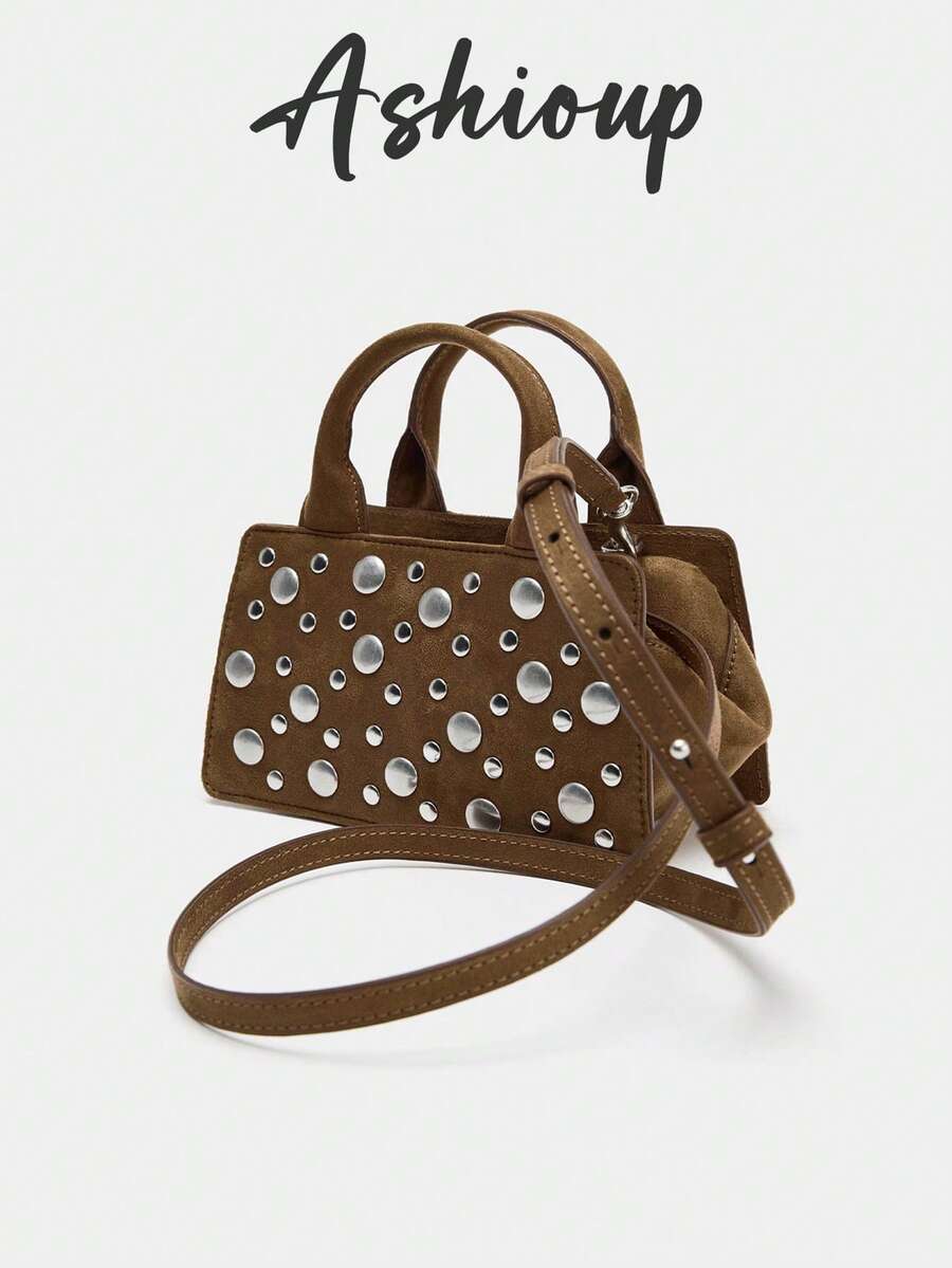 1pc Women's Top Handle Bag, Designer Bag With Metal Rivet Decor, Elongated Zipper Closure Shoulder Bag With Detachable Strap, Interior Pocket, Suitable For Travel, Outdoor, Commute And Daily Use, Durable Handle, Fashion Accessory, New Style Woven Tote Bag, Fashion Wallet, Square Bag, Gift, Shopping Bag, Cosmetic Storage - Camel - View 1