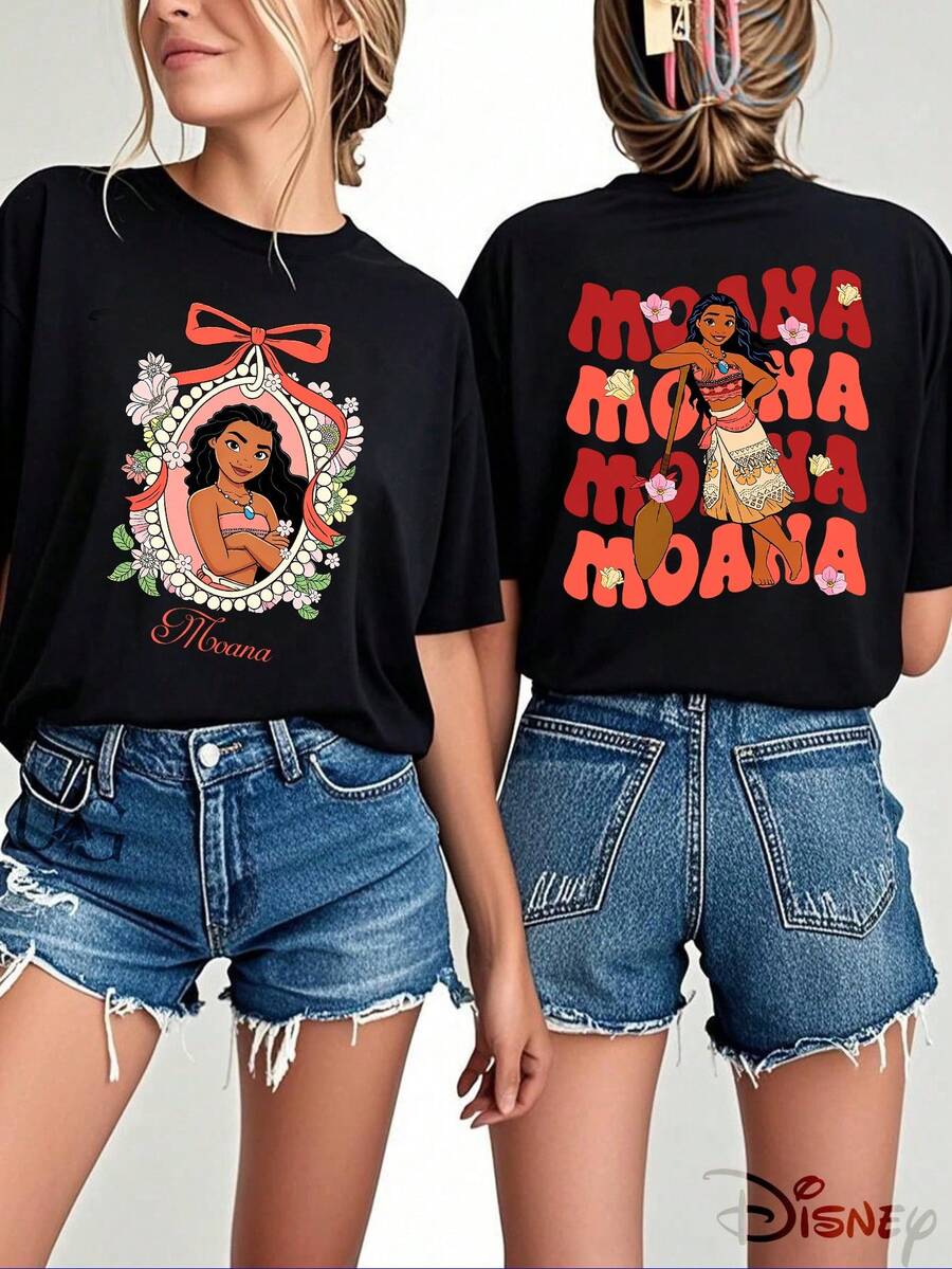 Unisex Casual Cotton Short Sleeve Round Neck T-Shirt With Disney Princess Moana Print Disney Graphic Regular Fit Top, Men's Sizes Suitable For The Whole Family - 黑色 - 查看 1
