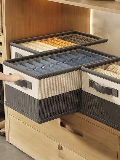 1 pieza Caja de almacenamiento de cajón duro con asa, organizador plegable de edredones y ropa con divisores, cesta de almacenamiento en capas para el armario, contenedor de almacenamiento multifuncional para el hogar para edredones, ropa, ropa interior, pantalones, zapatos, jeans, botas y faldas, suministros de decoración ordenada para el dormitorio y el hogar