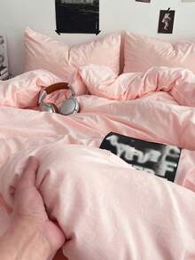 3pcs Solid Color Skin-Friendly Brushed Bedding Set (1*Duvet Cover + 2*Pillowcases, No Filler), Machine Washable, Suitable For All Seasons, Bedroom Use, Soft & Comfortable - Apricot - View 5