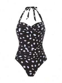 Conjunto de traje de baño de una pieza con escote halter y lunares asimétricos, talla grande falda larga para mujer - Blanco y Negro - Ver 4
