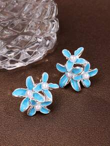 1 Pair Elegant Cute Minimalist Blue Flower & Pearl Design Earrings, Versatile For Daily, Holiday, Party Wear, Gift For Women - Multicolor - View 4