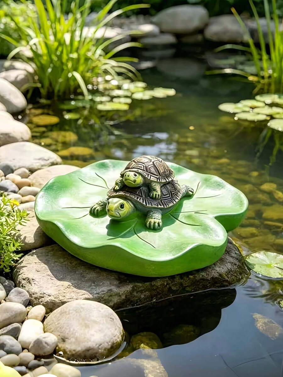 1pc Floating Turtle In Lotus Pond Decor, Resin Slouchy Turtle Statue Suitable For Pond, Swimming Pool, Yard, Outdoor Decoration, Cute Turtle Figurine Gift For Turtle Lovers - Multicolor 1 - View 1