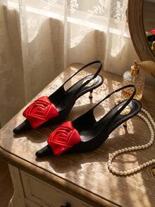 Sexy Fashion Rose Sports & Commute Sexy Fashion Avant-Garde Fabric Bow High Heel Sandals, Square Floral, Spring/Autumn - Red - View 3