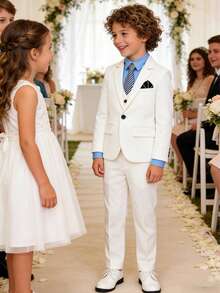 1 conjunto de terno formal para meninos: 1 blazer + 1 calça + 1 gravata, adequado para casamento, apresentação, festa e outras ocasiões formais - Branco - Ver 1