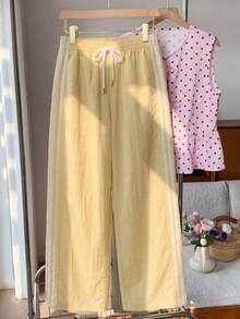 QBGN  Pantalones de chándal casuales y holgados con cintura elástica y rayas laterales marrones para mujer - Amarillo - Ver 2