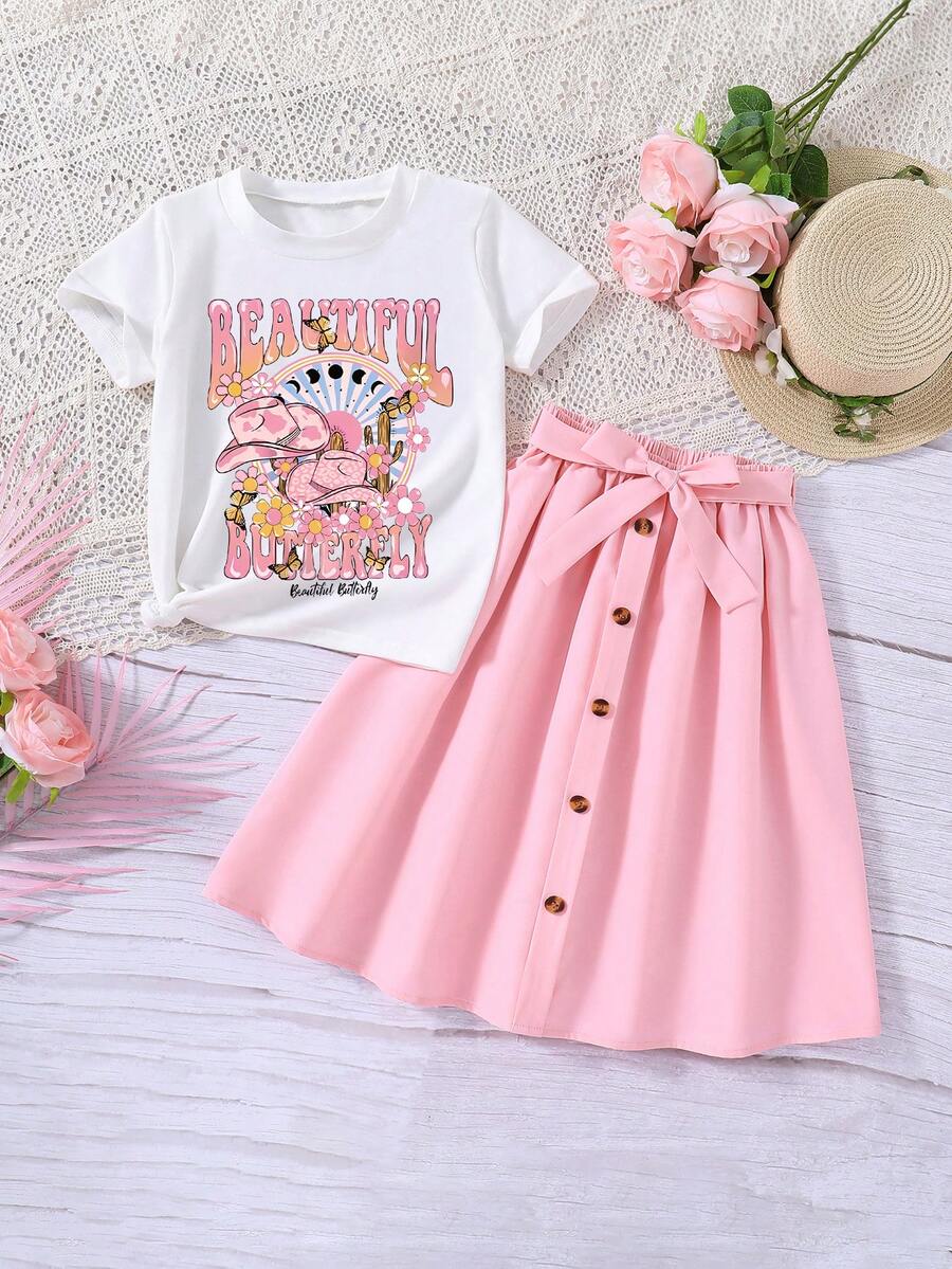 2pcs/Set Tween Girls Cartoon Letter Print Short Sleeve Top And Mini Skirt - White - View 1