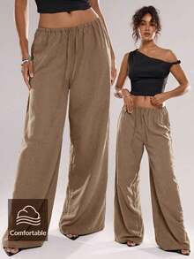 Pantalones casuales de uso diario de unicolor con cordón en la cintura para mujeres - Marrón - Ver 8