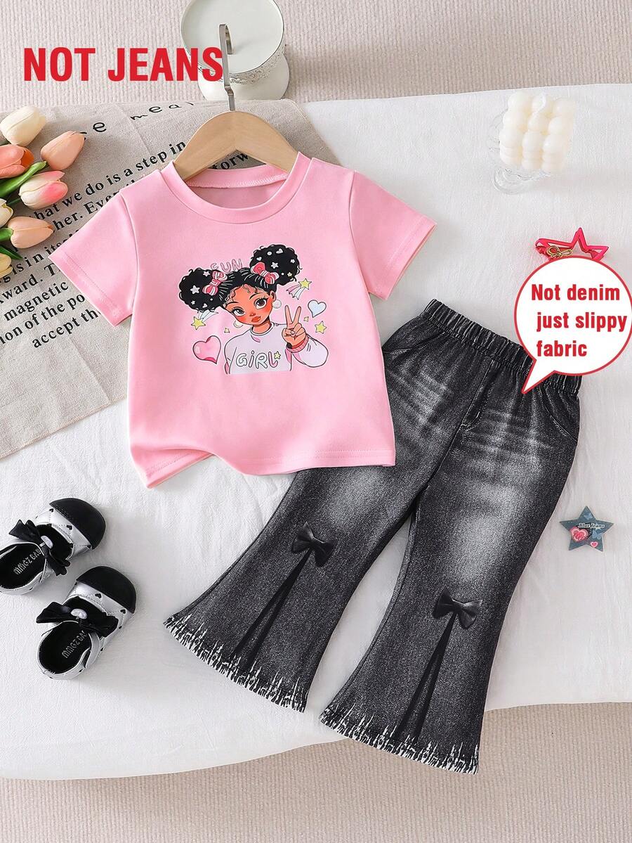 2pcs Baby Girls' Casual Fashion Spring/Autumn Outfit Set, Cartoon Girl Portrait & Letter Print, Plaid, Striped Puff Sleeve Knit Top, Denim-Effect Elastic Waist Flare Pants With Bow Decor - Pink - View 1