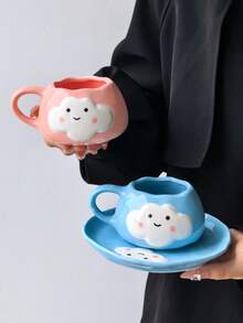 1件雲朵笑臉咖啡杯碟套組，Ins奶油風韓式極簡可愛陶瓷馬克杯，手工咖啡杯碟，適用於居家、餐廳、咖啡廳，可愛創意早餐杯、茶杯，咖啡愛好者的理想選擇，完美生日與節日禮物 - 彩色 - 查看 6