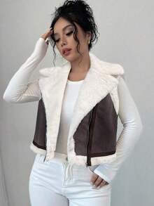 Chaqueta holgada de forro polar con solapa marrón para mujer - Café integral - Ver 5