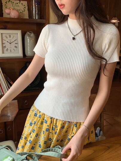 Áo thun dệt kim họa tiết gân màu trơn tay ngắn dành cho nữ, trang phục thường ngày mùa hè