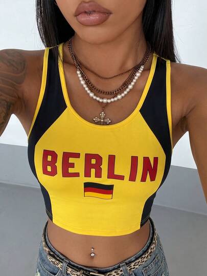 Y2K Berlin Germany Inspired Black & Yellow Color Block Women Sports Crop Top