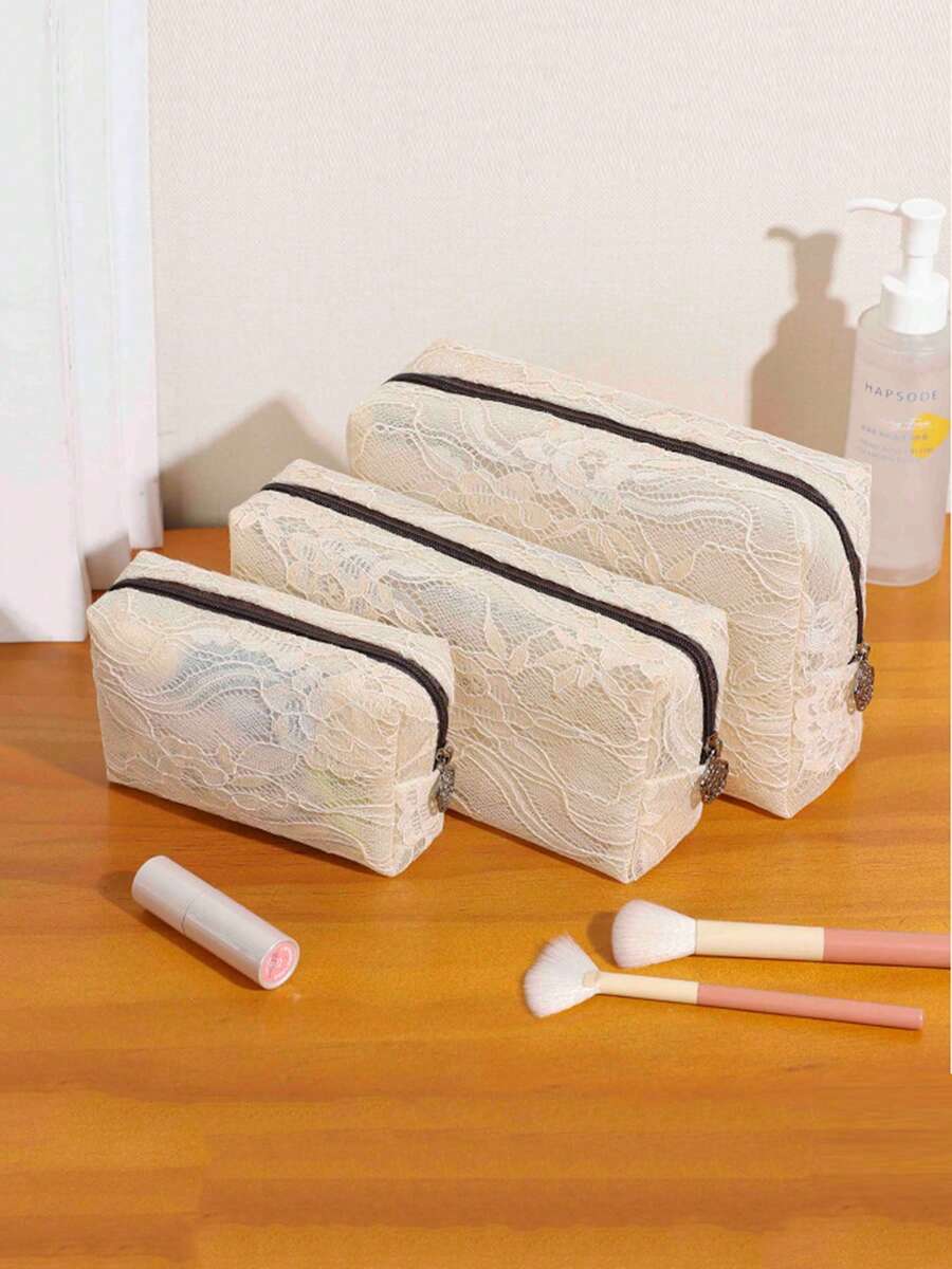 1/3pcs Chinese Style Lace Cosmetic Bag, Portable Large Capacity Travel Organizer Pouch - Multicolor - View 1
