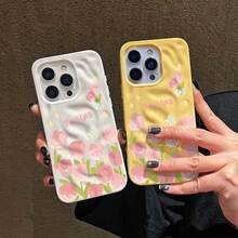 Pastel Tulip Print Wavy Phone Case, Shockproof Protector With Raised Corners, Anti-Scratch Anti-Fingerprint, Fresh Flower Design Compatible With IPhone 17 16 15 14 13 12 Pro Max - White - View 5